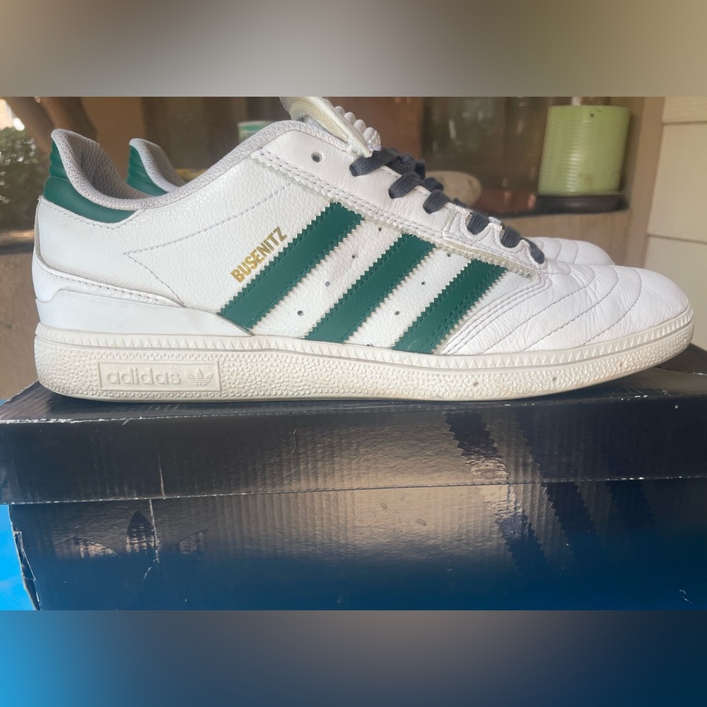 Adidas White and Green Busenitz Sneakers